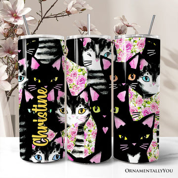 Black Cats Pink Rose Pattern 20oz Personalized Tumbler With Lid and Stainless Steel Straw, Cute Floral Kitty Gift Cup Tumbler OrnamentallyYou Customized 