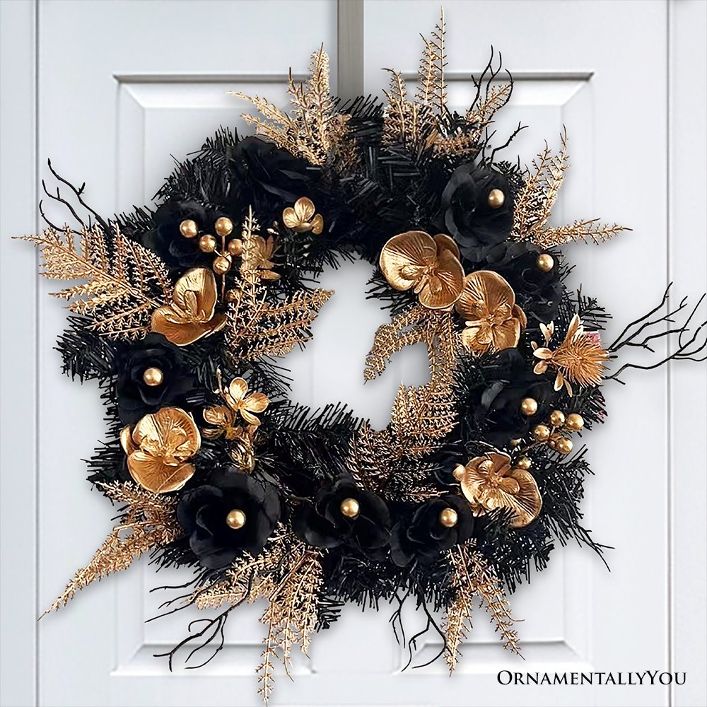 (Pre-Order) Black and Bronze Elegantly Goth 20" Wreath, Premium Gold Door Decoration with Floral Orchids Wreath OrnamentallyYou 