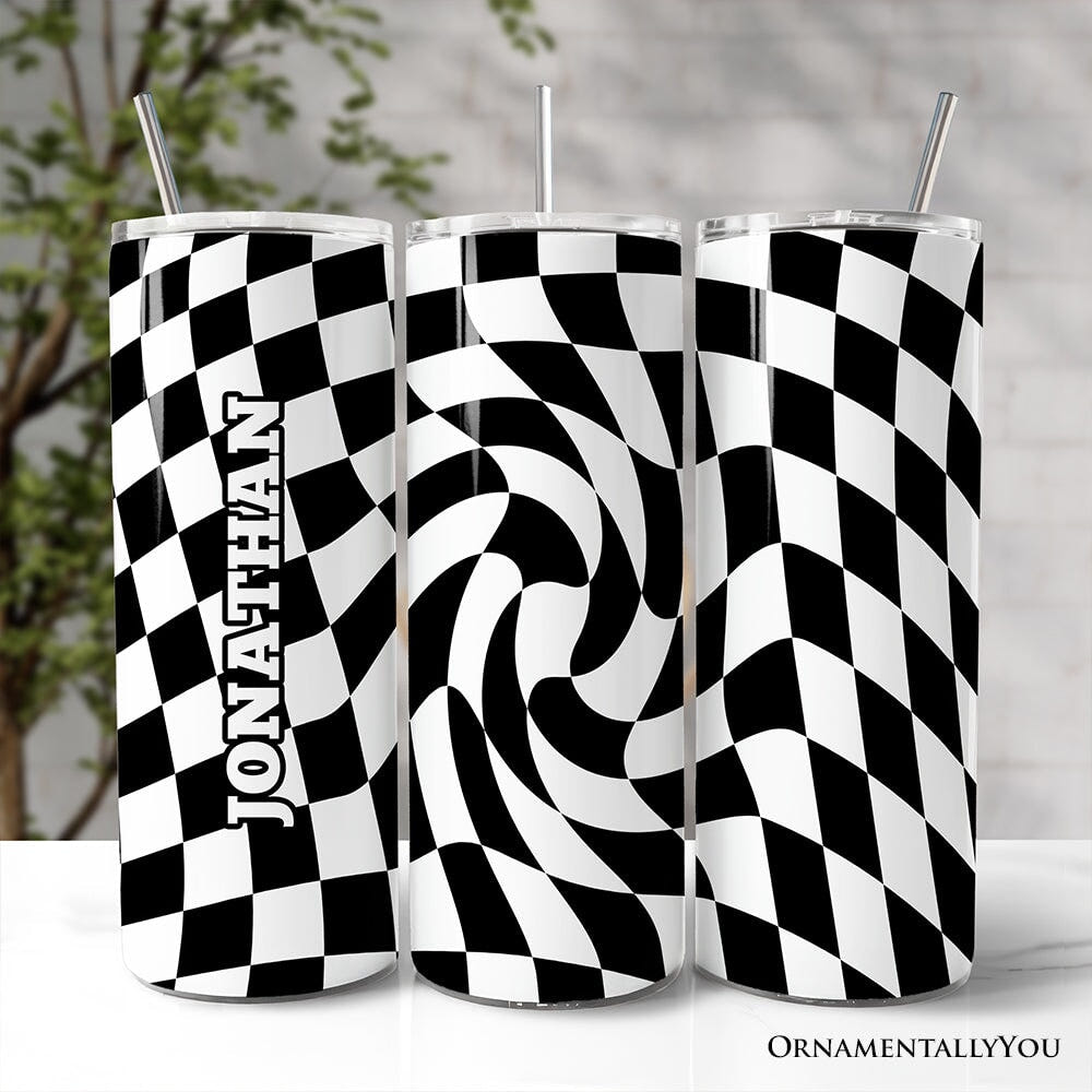 Black and White Checkerboard Swirl 20oz Personalized Tumbler With Lid and Stainless Steel Straw, Retro Optical Illusion Gift Cup Tumbler OrnamentallyYou Customized 