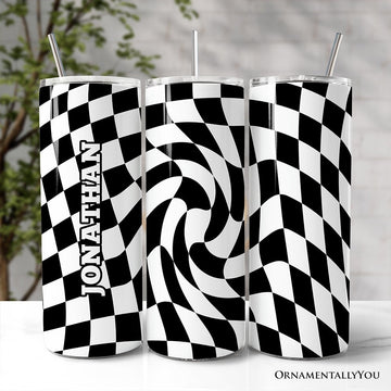 Black and White Checkerboard Swirl 20oz Personalized Tumbler With Lid and Stainless Steel Straw, Retro Optical Illusion Gift Cup Tumbler OrnamentallyYou Customized 