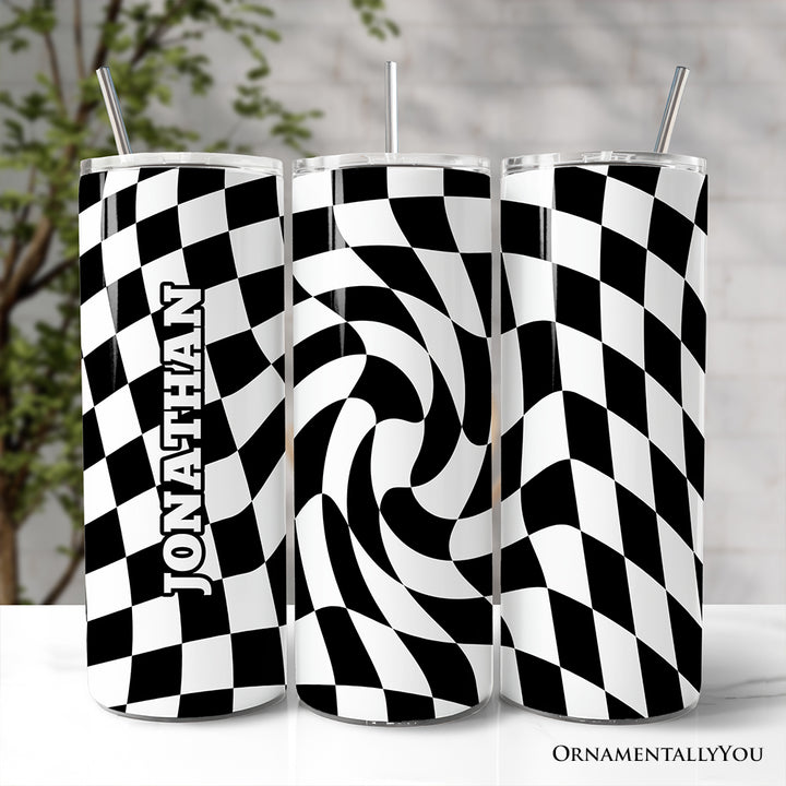 Black and White Checkerboard Swirl 20oz Personalized Tumbler With Lid and Stainless Steel Straw, Retro Optical Illusion Gift Cup