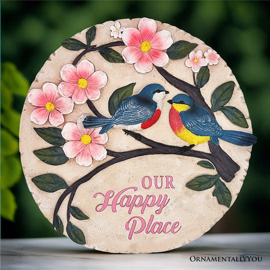 Blossoming Songbirds Positivity Stepping Stone, 9.5" Happiness Garden Decoration and Support Gift Resin Statues OrnamentallyYou 