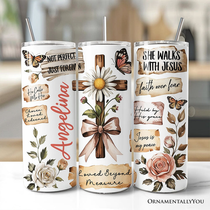 Boho Christian Cross 20oz Personalized Tumbler With Lid and Stainless Steel Straw, Vintage Floral Quotes Gift Cup Tumbler OrnamentallyYou Customized 