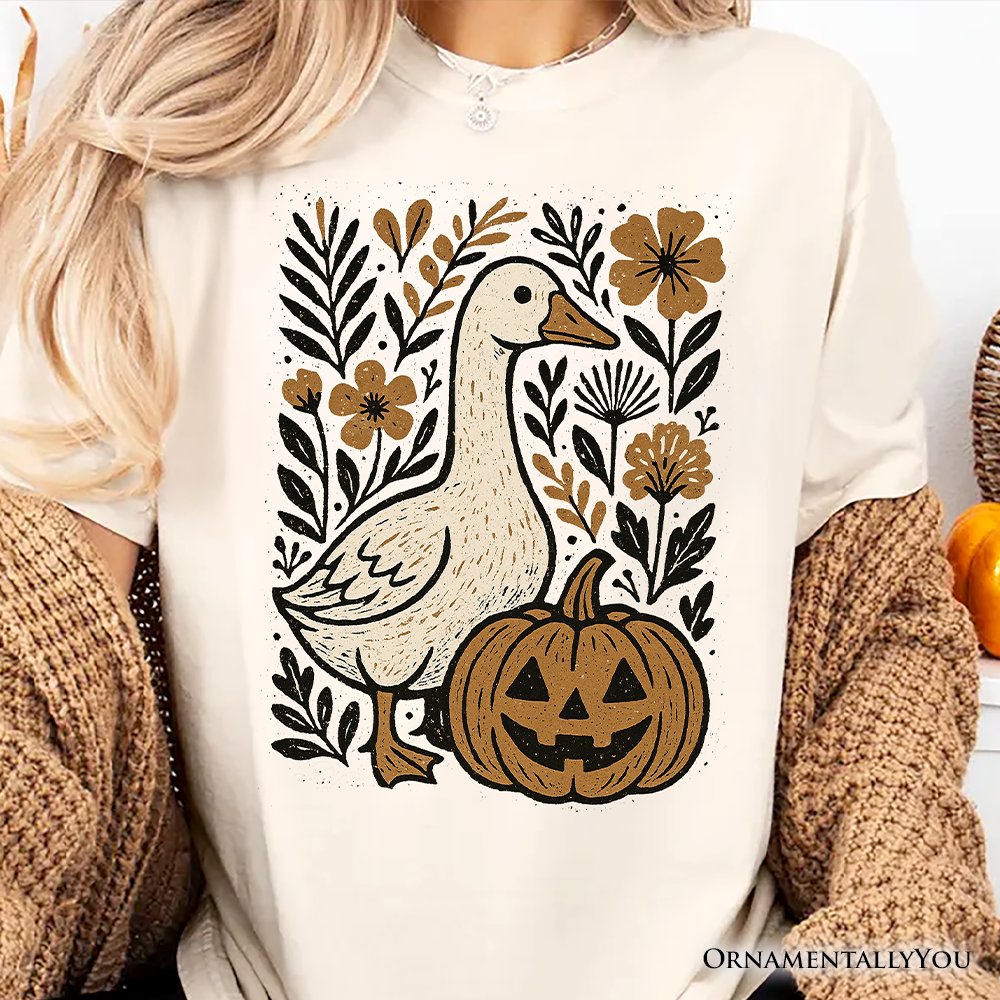 Boho Goose Halloween Pumpkin T-Shirt, Spooky Fall Floral Tee T-Shirts OrnamentallyYou 