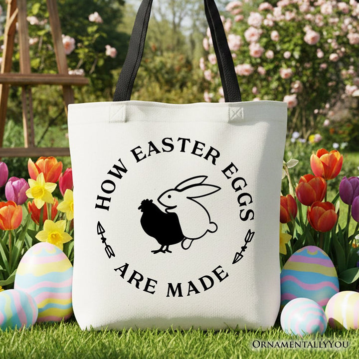 Bold Funny Easter Bunny Sarcastic Tote Bag, How Easter Eggs Are Made Gift Shopper Tote Bag OrnamentallyYou Black Handle 