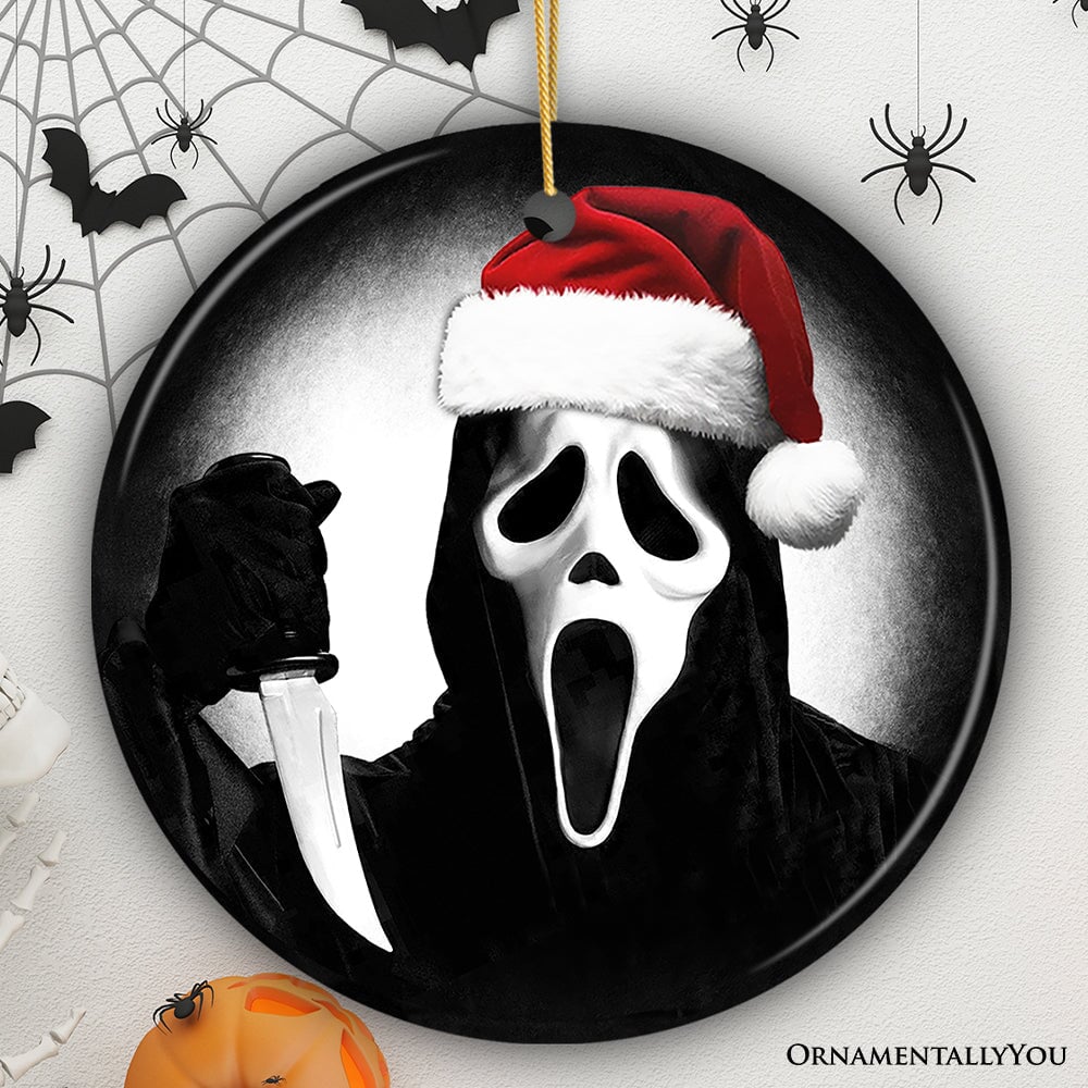 Bone Chilling Scarface Mask With Santa Hat Ornament, Nightmarish Christmas Gift for Halloween Tree Ceramic Ornament OrnamentallyYou Circle 