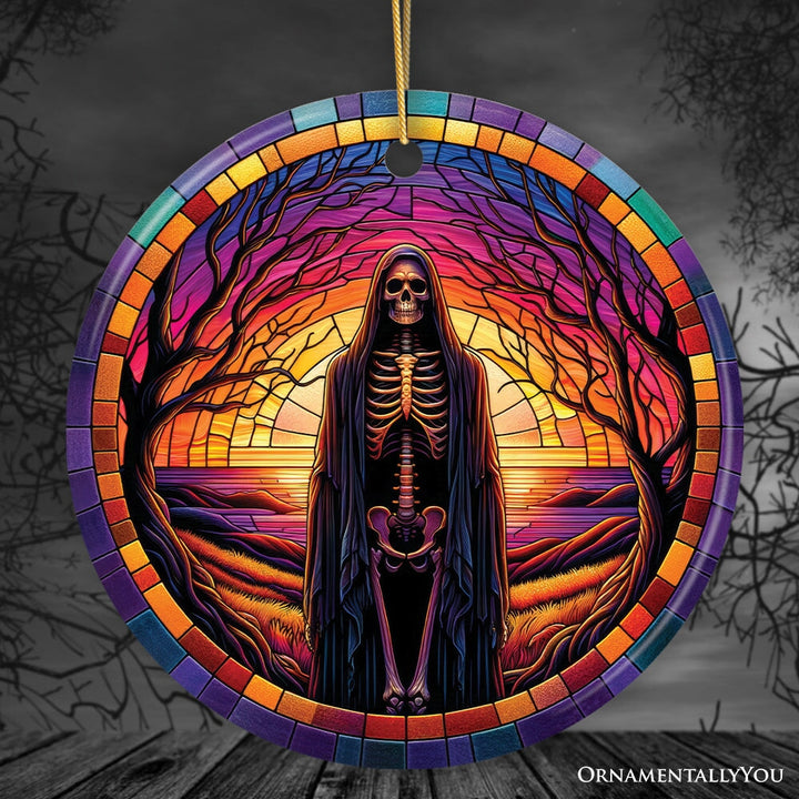 Bony Fright Halloween Skeleton Decor Stained Glass Style Ceramic Ornament, Halloween Themed Christmas Gift and Decor Ceramic Ornament OrnamentallyYou Circle 