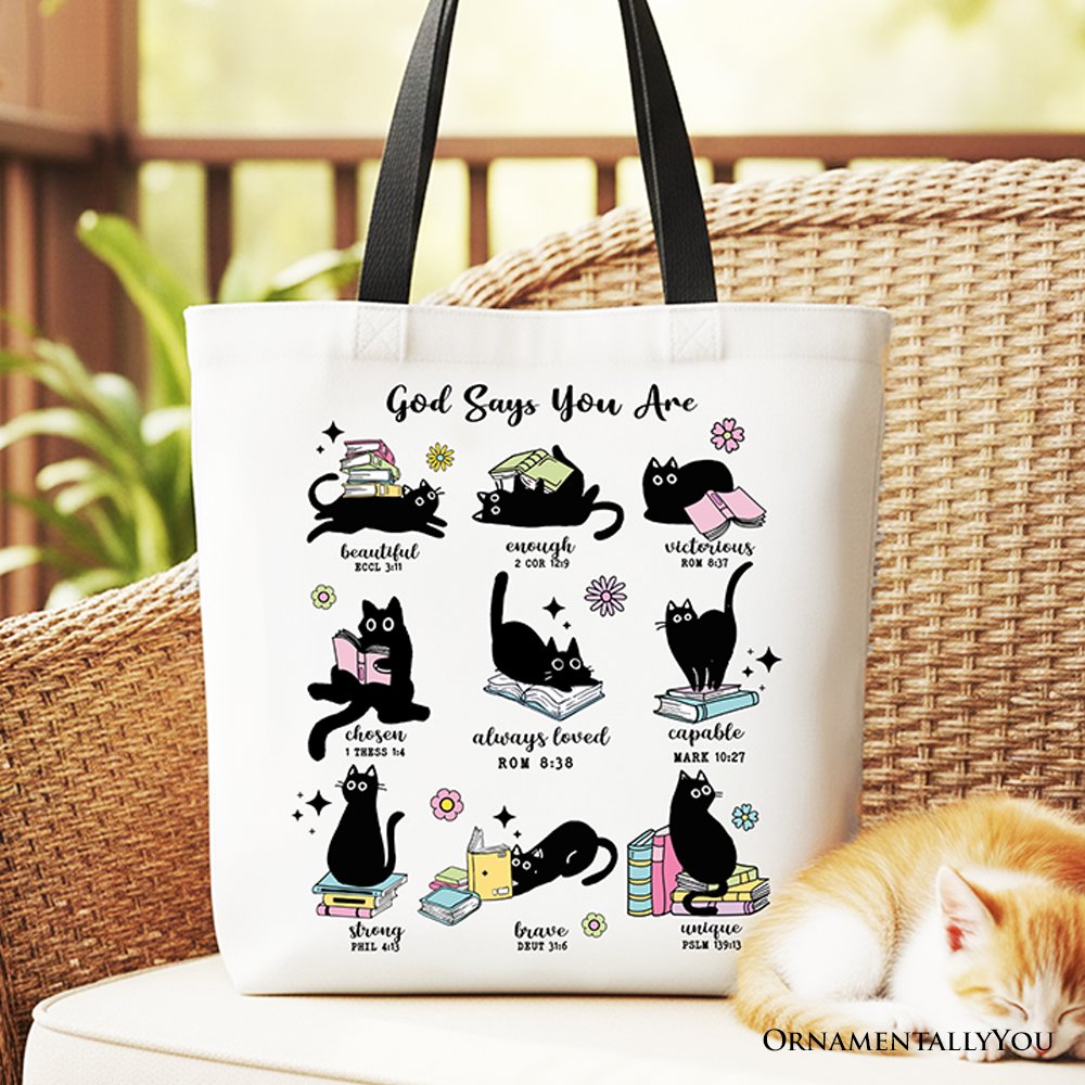 Book Cat God Says I Am Tote Bag, Christian Bible Verse Faith Gift Shopper Tote Bag OrnamentallyYou Black Handle 