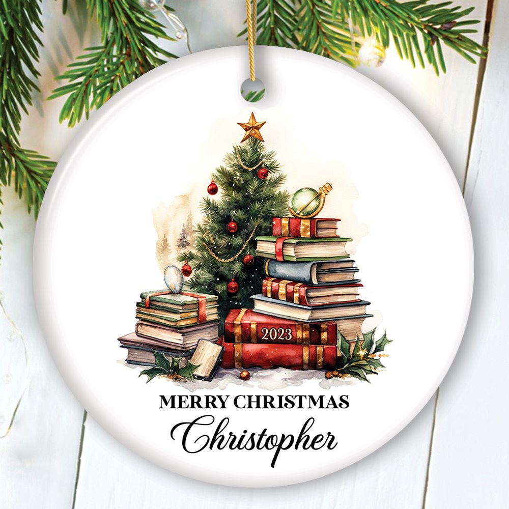 Book Lovers Christmas Tree Vintage Style Personalized Ornament Ceramic Ornament OrnamentallyYou Circle 