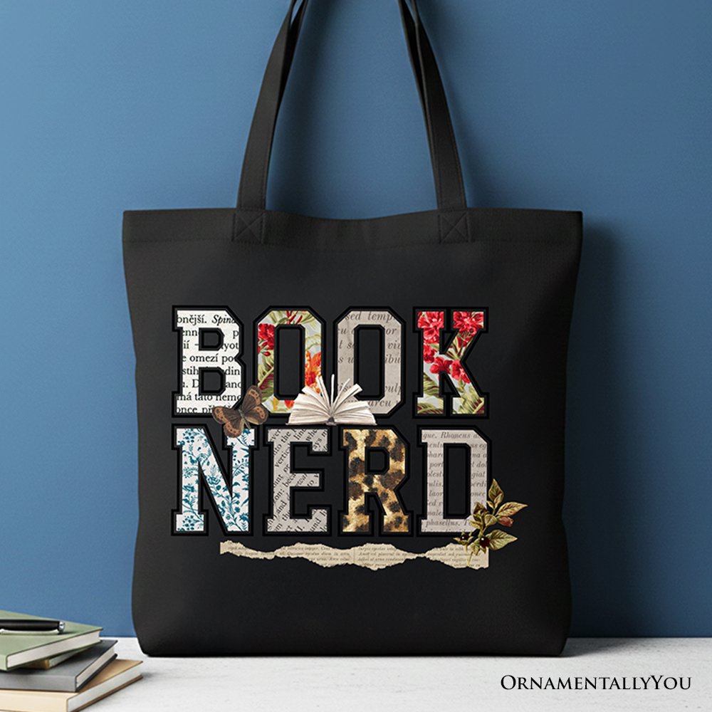 Book Nerd Collage Retro Tote Bag, Bookish Booktok Librarian Gift Shopper Tote Bag OrnamentallyYou Black 