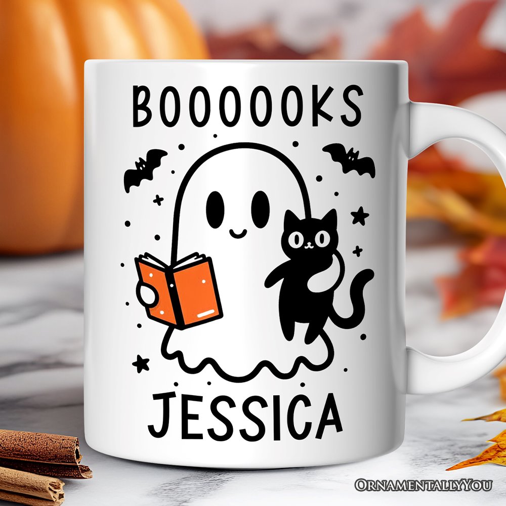 Boooooks and Purrs, Personalized Halloween Mug, Cute Books and Cats Lover Ghost Gift with Custom Name Personalized Ceramic Mug OrnamentallyYou 12oz Mug Customized 