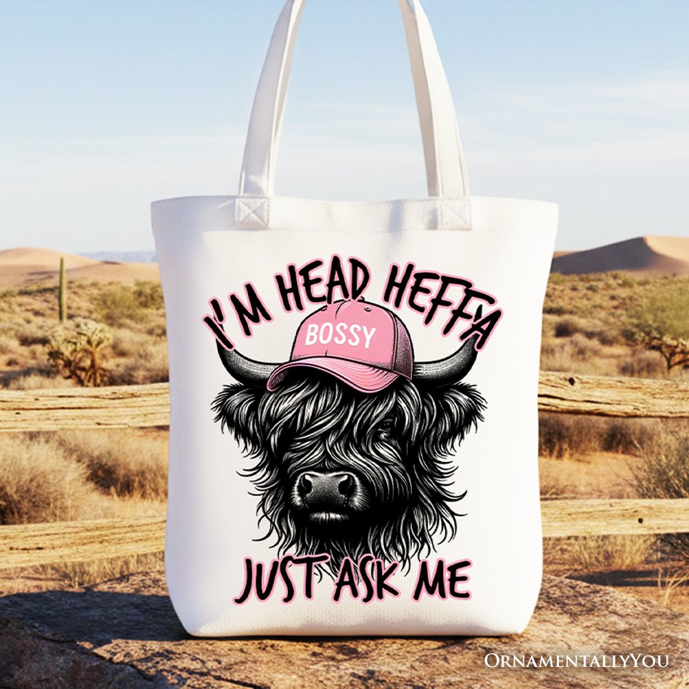 Bossy Highland Cow Canvas Tote Bag, Head Heifer Funny Western Gift Shopper Tote Bag OrnamentallyYou White 
