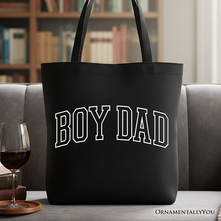 Boy Dad Varsity Tote Bag, Father's Day Gift Shopper Tote Bag OrnamentallyYou Black 