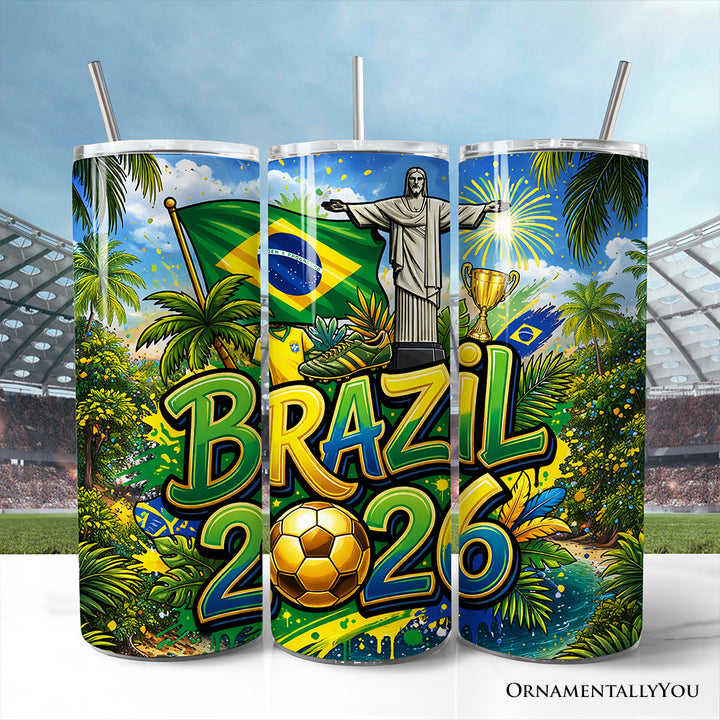 Brazil 2026 Soccer Cup Global Championship 20oz Tumbler With Lid and Stainless Steel Straw, Fans Football Gift Cup