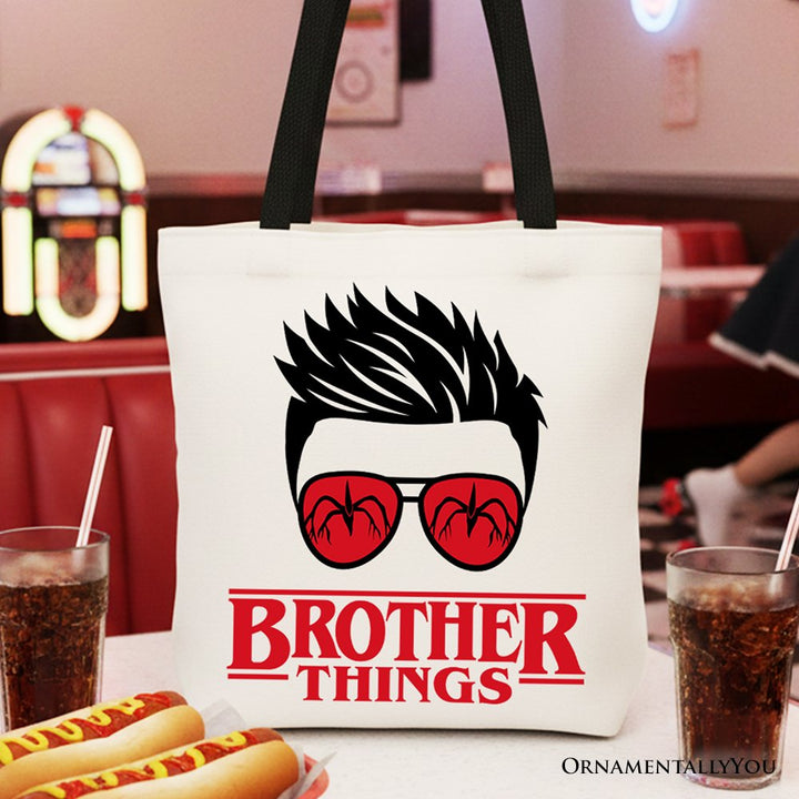 Brother Things Retro Canvas Tote Bag, Red Glasses Family Matching Gift Shopper Tote Bag OrnamentallyYou Black Handle 