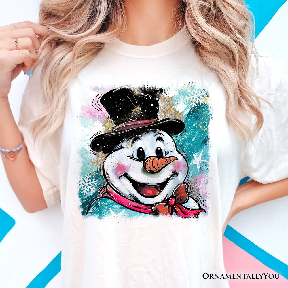 Brushstroke Cute Snowman T-Shirt, Preppy Merry Christmas Glitter Holiday Tee T-Shirts OrnamentallyYou 