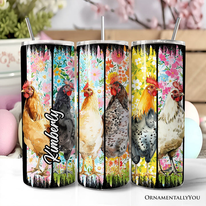 Brushstrokes Chicken Farm 20oz Personalized Tumbler With Lid and Stainless Steel Straw, Colorful Floral Farmlife Gift Cup Tumbler OrnamentallyYou Customized 