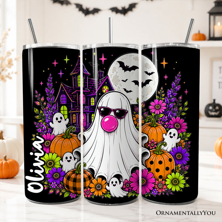 Bubblegum Ghost Haunted House 20oz Personalized Tumbler With Lid and Stainless Steel Straw, Colorful Floral Halloween Pumpkin Gift Cup