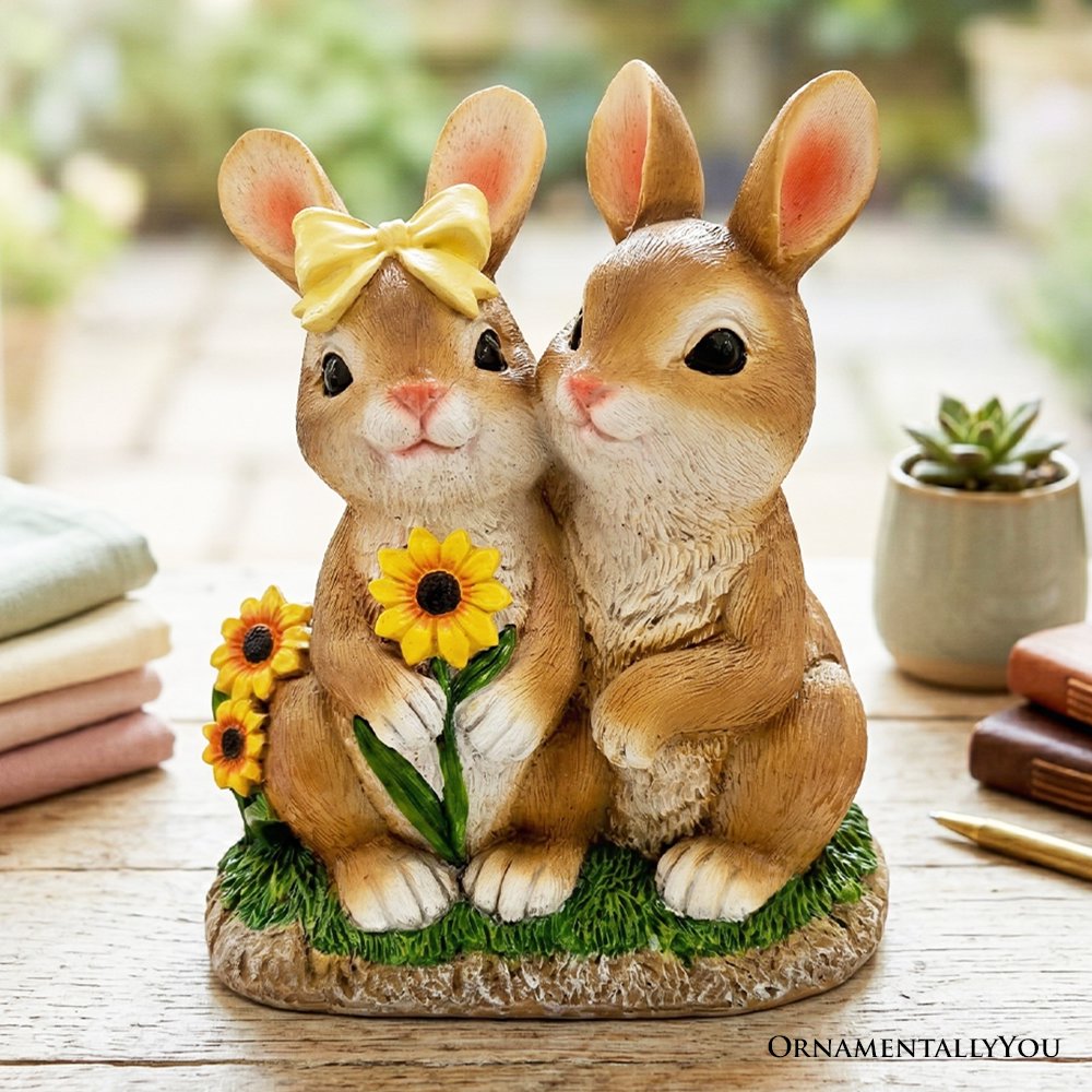 Bunny Embrace Garden Statue, 8" Hugging Rabbit Couple Figurine Outdoor Decor Resin Statues OrnamentallyYou 