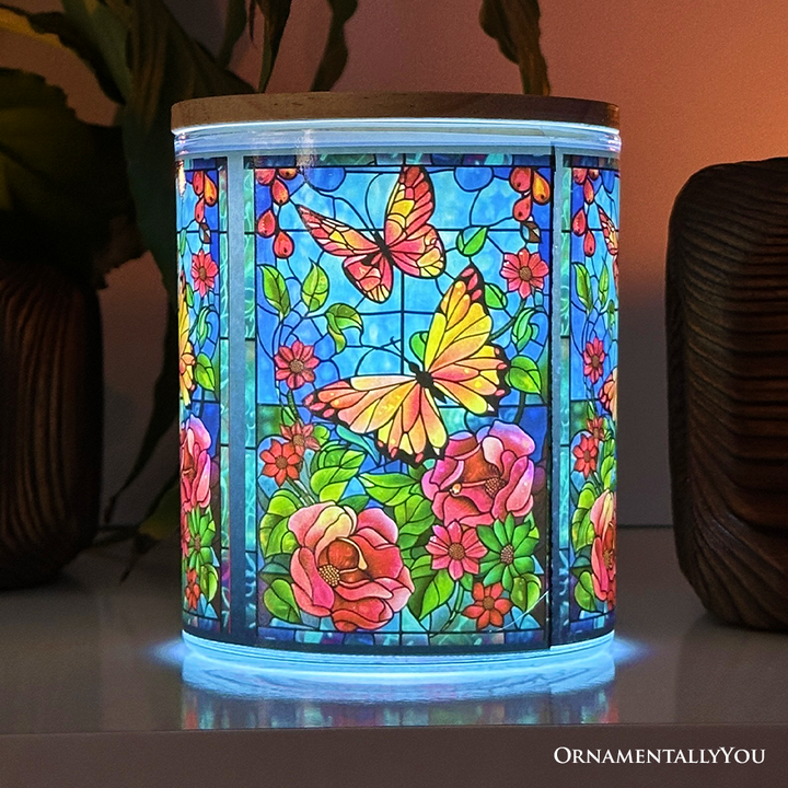 Butterfly Faux Stained Glass LED Tea Light Candle, Sentimental Tabletop Spring Decor With Soft Glow
