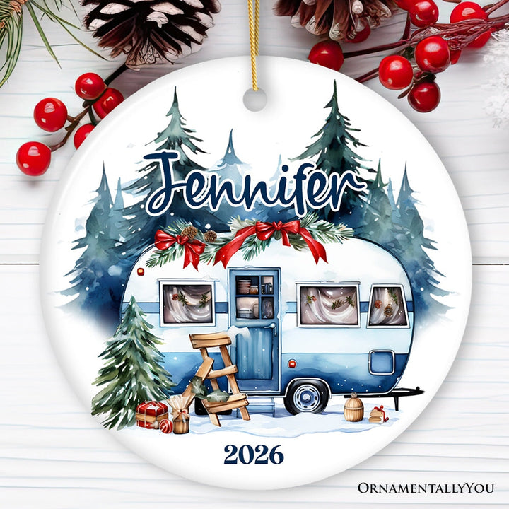 Camping Personalized Ornament, Enchanted Frost Winter Christmas Gift With Custom Name and Date Ceramic Ornament OrnamentallyYou Circle 