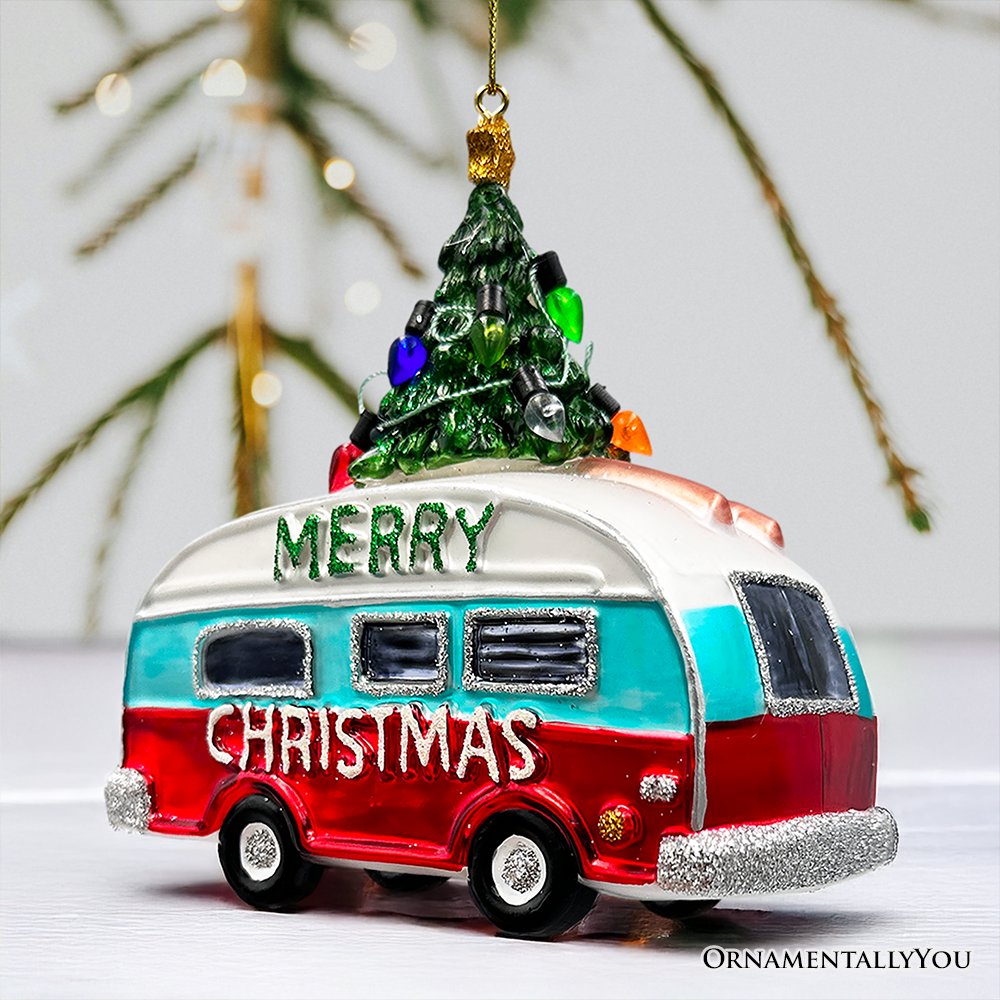 Camping RV Glass Christmas Ornament, Camper Trailer Motorhome Traveler Gift Glass Ornament OrnamentallyYou 