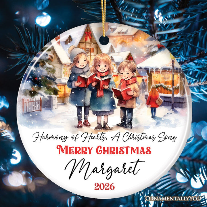 Caroling Children Personalized Ornament, Watercolor Christmas Charming Vintage Artwork Ceramic Ornament OrnamentallyYou Circle 