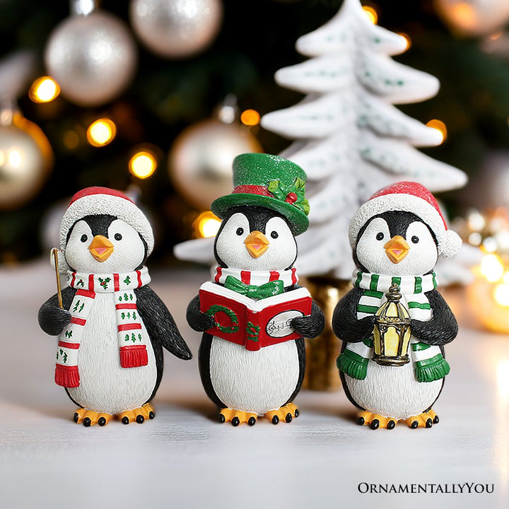 (Pre-Order) Carroling Penguin Trio Set of Christmas Figurines, 6" Winter Holiday Statue Set of Three Resin Statues OrnamentallyYou 