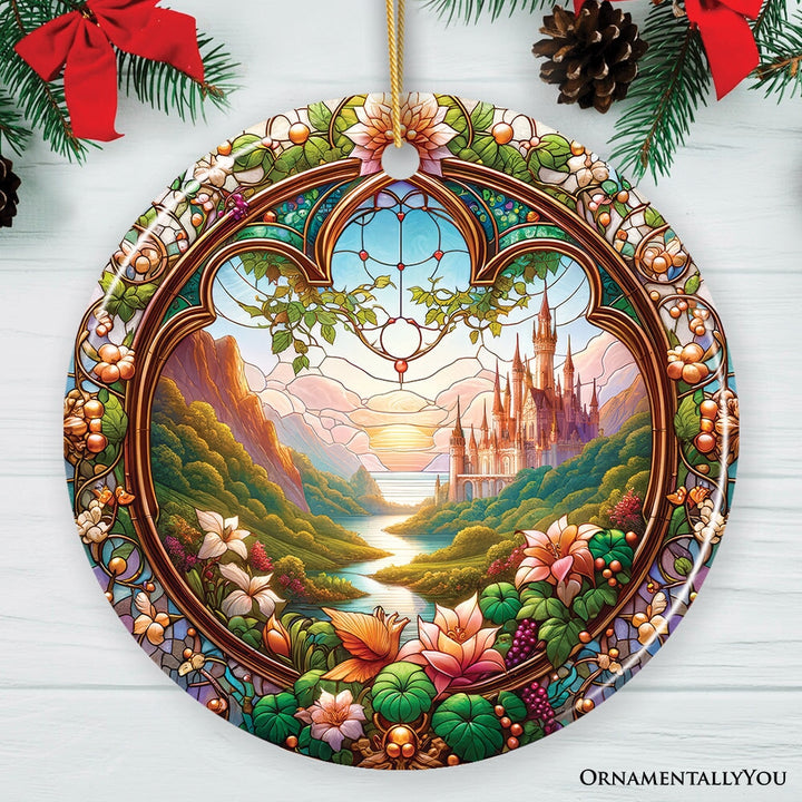 Castle Art with Lush Forest Stained Glass Style Ceramic Ornament, Christmas Gift and Decor Ceramic Ornament OrnamentallyYou Circle 