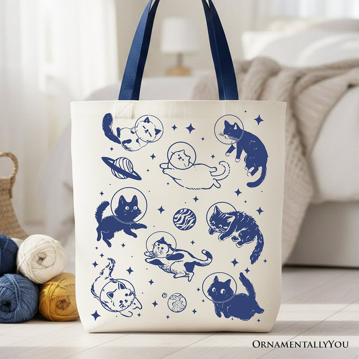 Cats in Space Retro Canvas Tote Bag, Funny Astronaut Kitty Gift Bag with Cosmic Vibes Tote Bag OrnamentallyYou Navy Handle 
