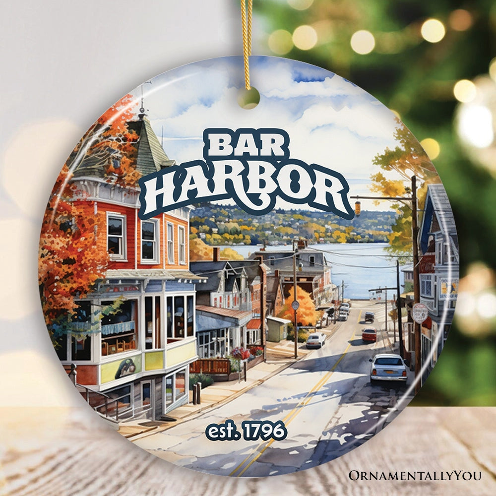 Charming Bar Harbor Street Ornament and Holiday Decoration, Maine Keepsake and Present Ceramic Ornament OrnamentallyYou Circle 