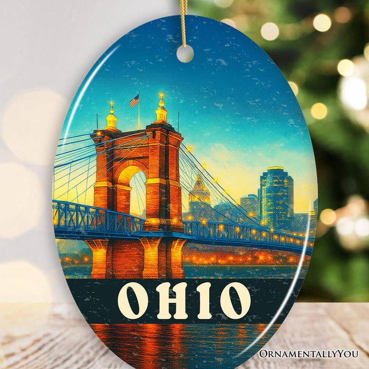 Charming Ohio Cityscape and Landmark Ornament, Cincinnati Night Bridge Christmas Gift and Midwest Skyline Souvenir