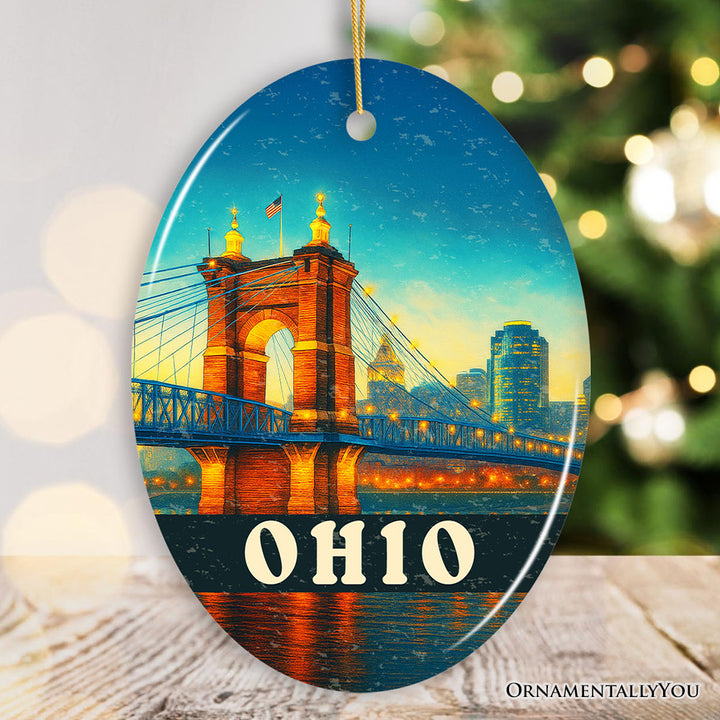 Charming Ohio Cityscape and Landmark Ornament, Cincinnati Night Bridge Christmas Gift and Midwest Skyline Souvenir