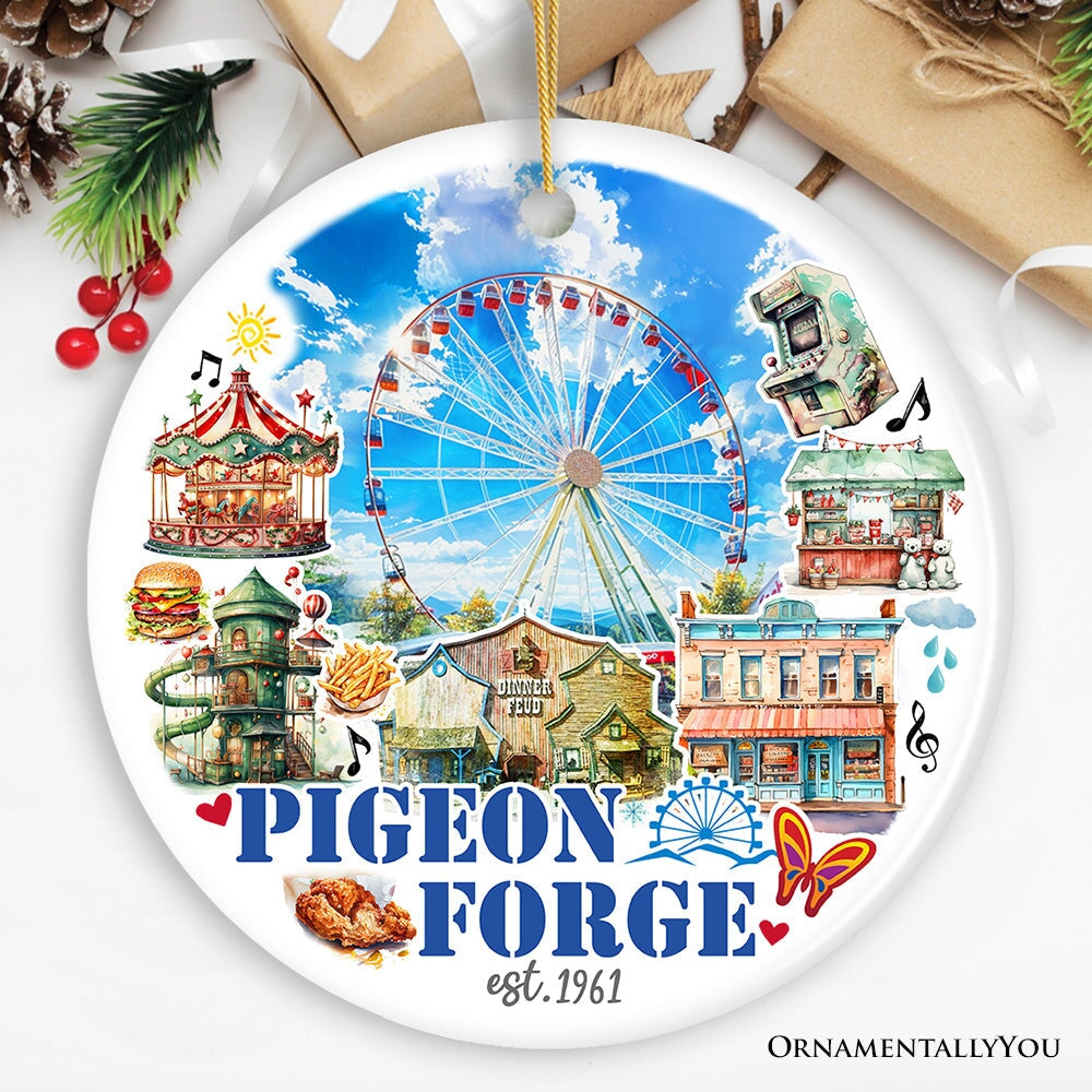 Charming Pigeon Forge Tennessee Artistic Handmade Ornament, Souvenir and Gatlinburg Christmas Decoration Ceramic Ornament OrnamentallyYou Circle 