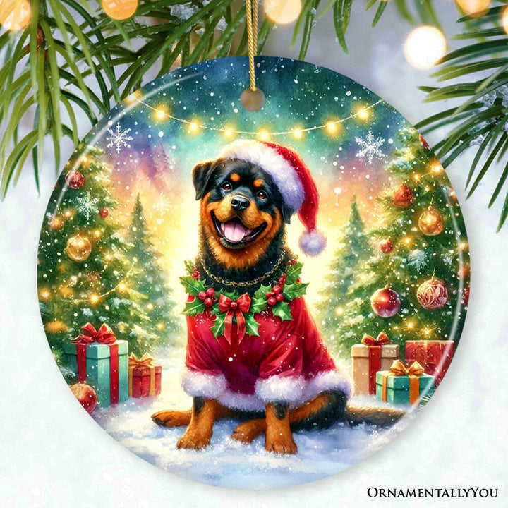 Charming Rottweiler in Festive Attire Ornament, Heartwarming Dog-Themed Christmas Gift Decor Ceramic Ornament OrnamentallyYou 