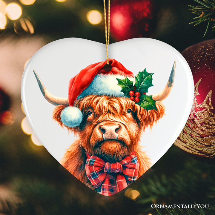 Charming Scottish Highland Cow Ceramic Ornament, Tartan Holiday Gift and Rustic Christmas Tree Decor