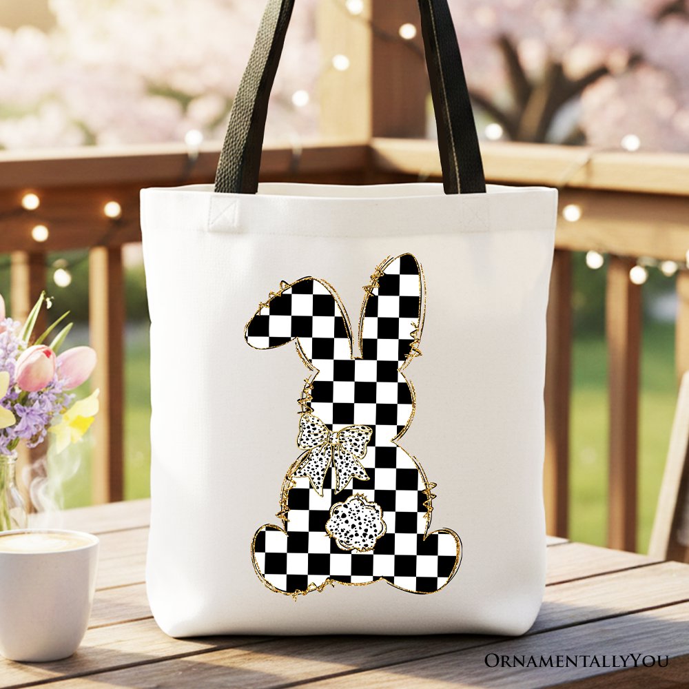 Checkered Easter Bunny Coquette Tote Bag, Stylish Spring Gift Shopper Tote Bag OrnamentallyYou Black Handle 