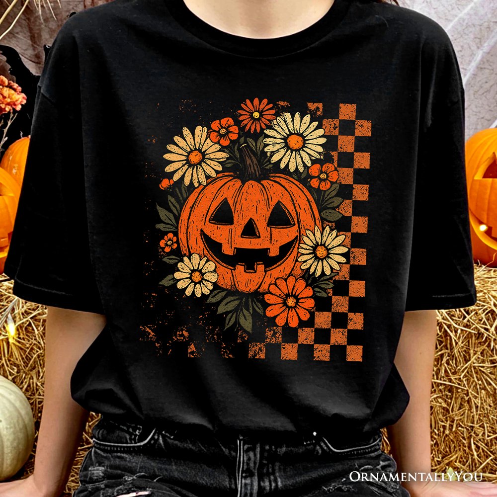 Checkered Floral Pumpkin T-Shirt, Retro Preppy Halloween Tee for Spooky Season Vibes T-Shirts OrnamentallyYou 