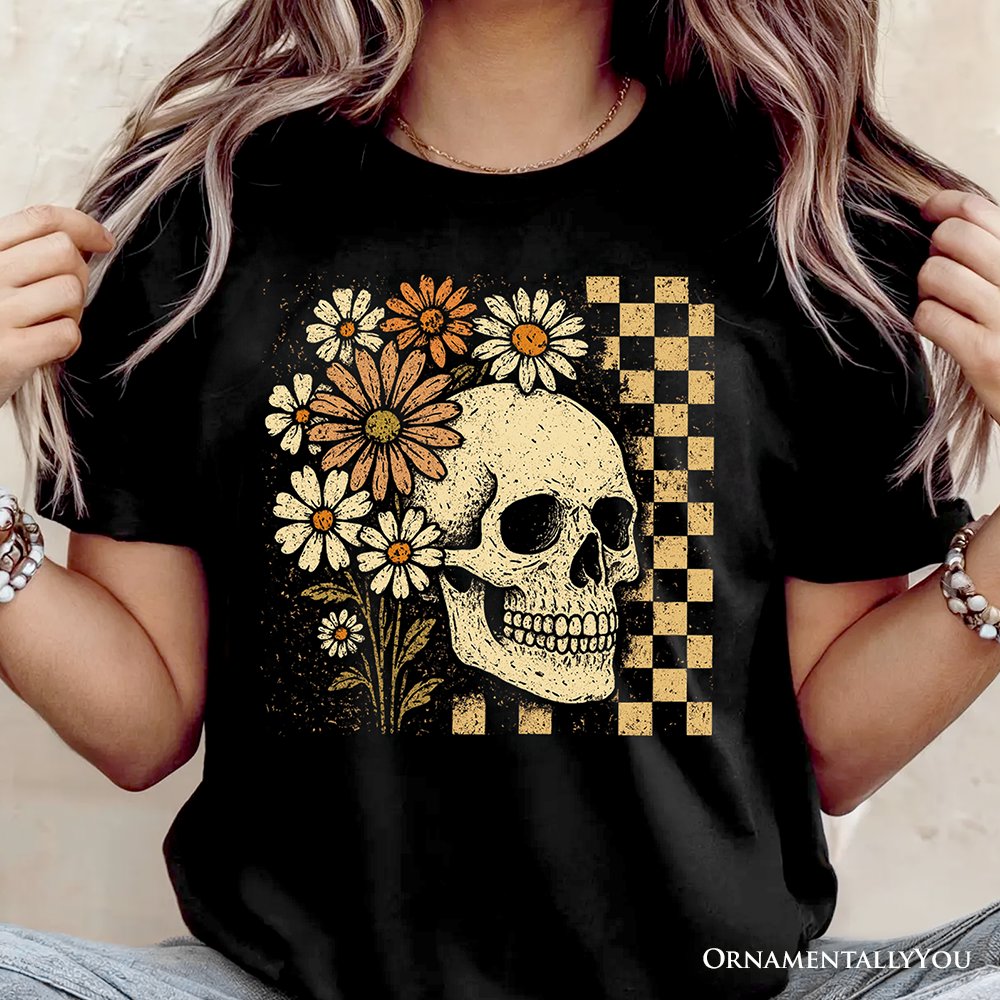 Checkered Floral Skeleton T-Shirt, Vintage Skull Daisy Halloween Tee T-Shirts OrnamentallyYou 