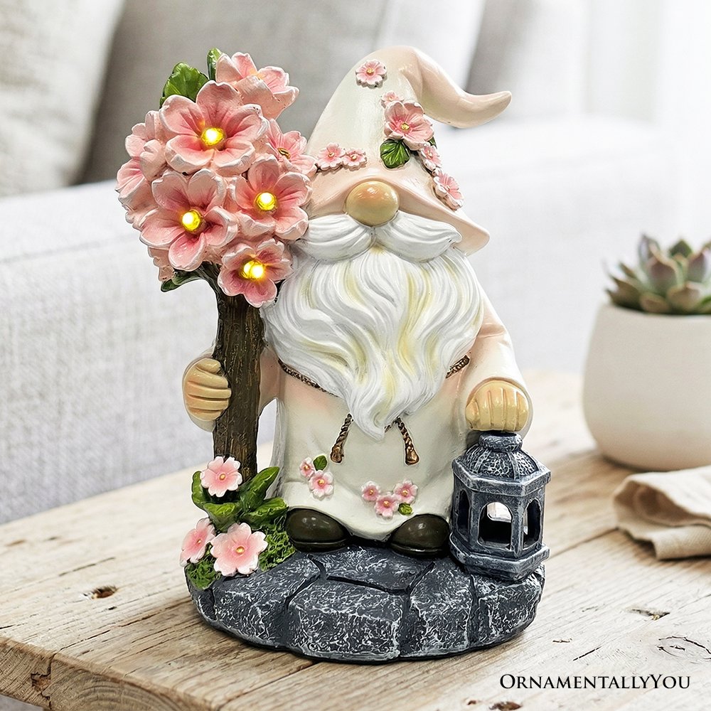 Cherry Blossom Gnome Solar Garden Statue, 8" Figurine and Floral Outdoor Decor Resin Statues OrnamentallyYou 
