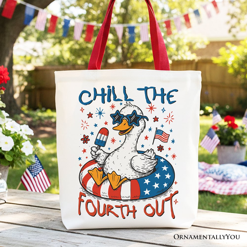 Chill The Fourth Out Goose Canvas Tote Bag, Funny Patriotic 4th of July Gift Shopper Tote Bag OrnamentallyYou Red Handle 