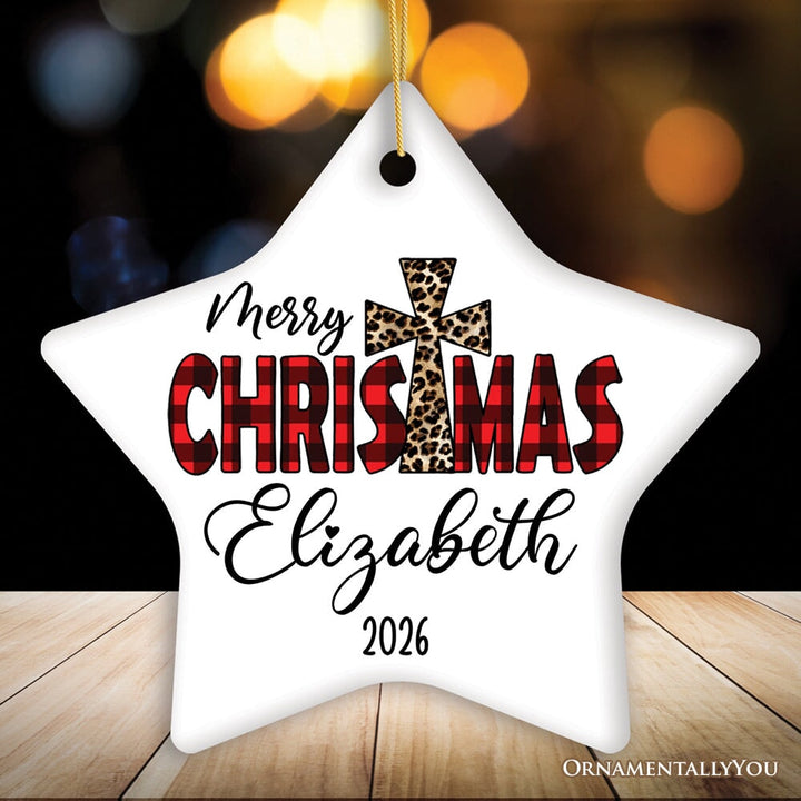 Christian Christmas Buffalo Plaid Personalized Ornament, Holiday Family Gift Ceramic Ornament OrnamentallyYou Star 