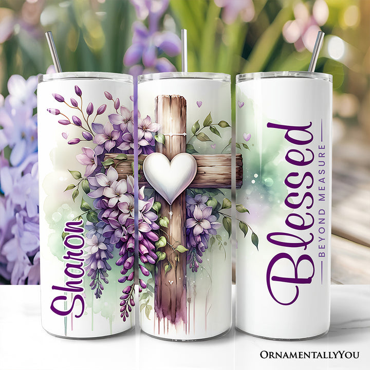 Christian Purple Wisteria Cross 20oz Personalized Tumbler With Lid and Stainless Steel Straw, Blessed Beyond Measure Gift Cup