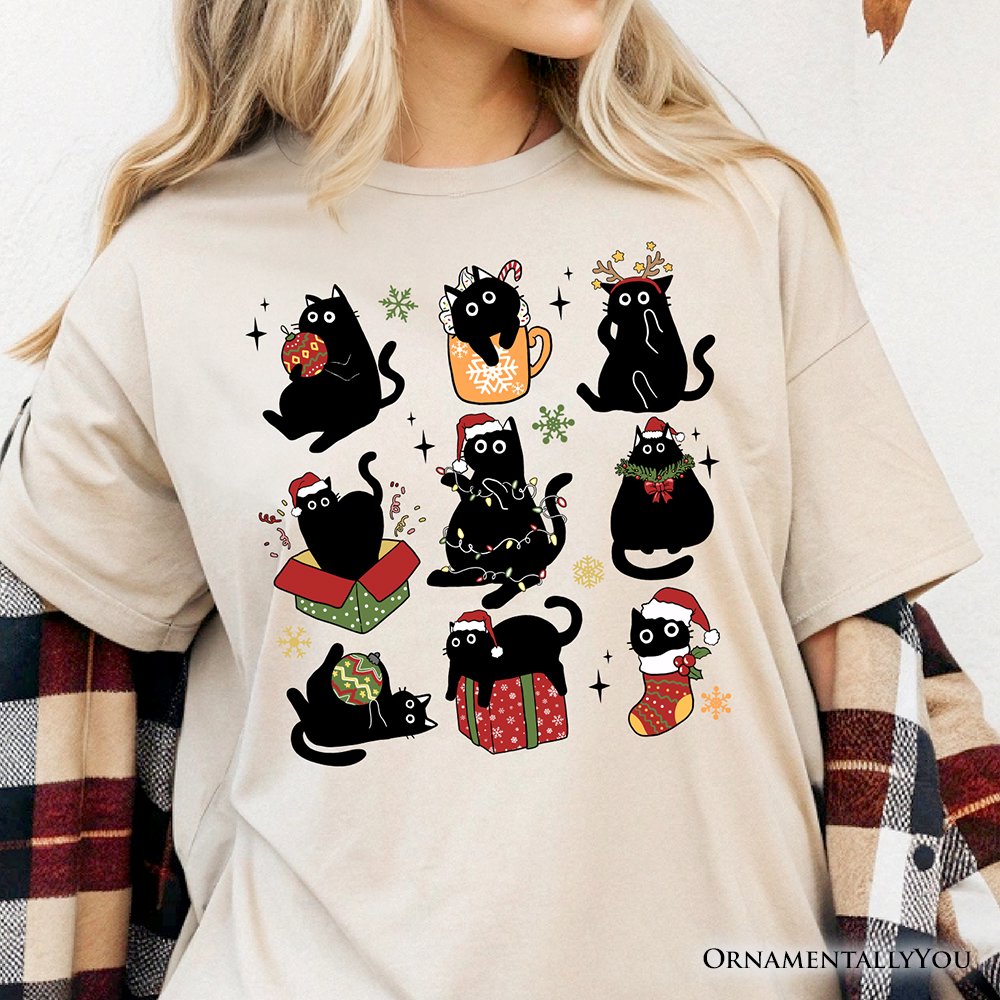 Christmas Black Cats T‑Shirt, Whimsical Cats with Santa Hat Tee T-Shirts OrnamentallyYou 