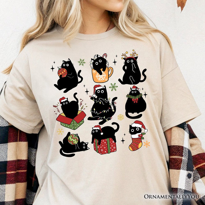 Christmas Black Cats T‑Shirt, Whimsical Cats with Santa Hat Tee T-Shirts OrnamentallyYou 