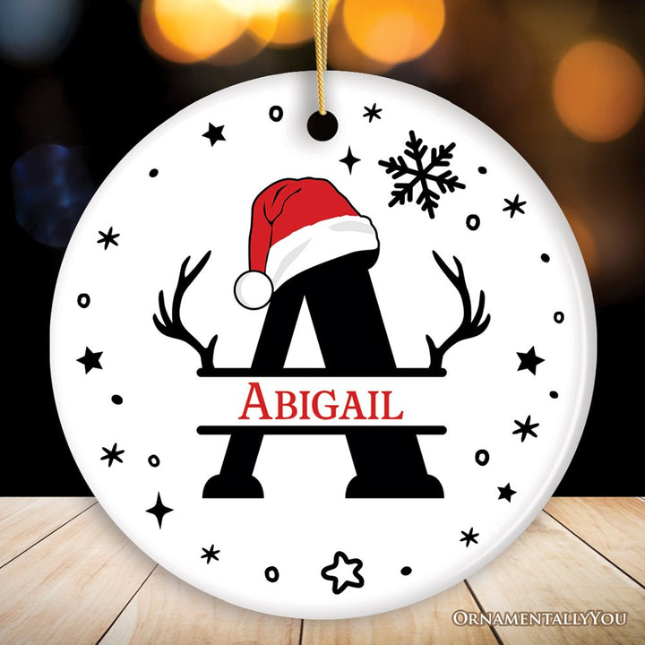 Christmas Split Monogram Alphabet with Antler and Santa Hat Personalized Ornament, Custom Name Ceramic Ornament OrnamentallyYou Circle 