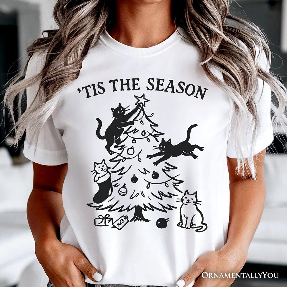 Christmas Tree Killer Cats T‑Shirt, Tis the Season Funny Holiday Tee T-Shirts OrnamentallyYou 