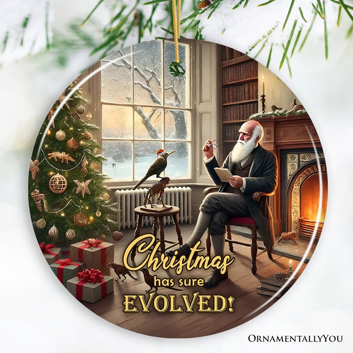 Christmas has Sure Evolved Witty Charles Darwin Ornament, Science and Biology Student and Teacher Gift Ceramic Ornament OrnamentallyYou Circle 