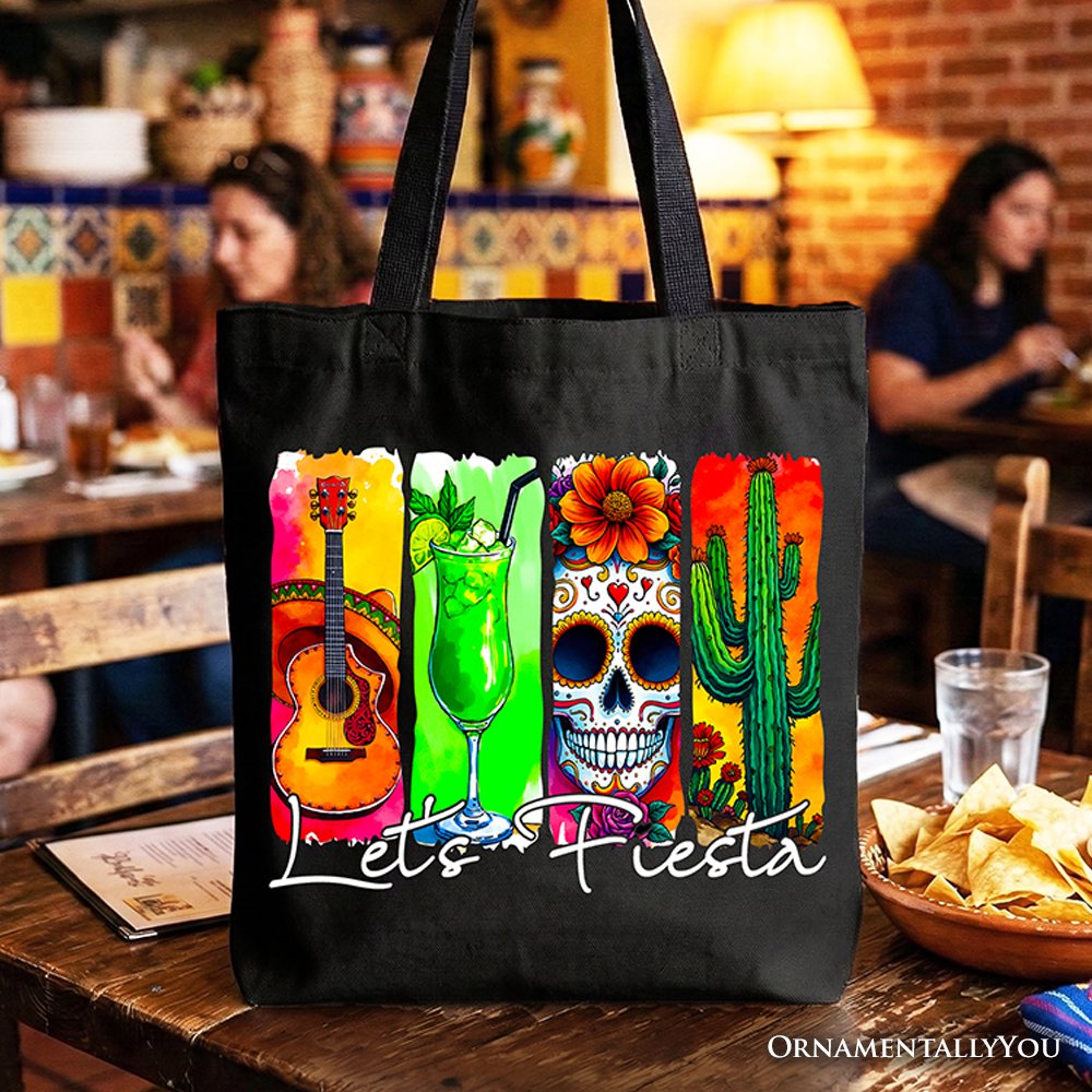 Cinco De Mayo Brushstroke Mexican Tote Bag, Let’s Fiesta Guitar Margarita Skull Cactus Gift Shopper Tote Bag OrnamentallyYou Black 
