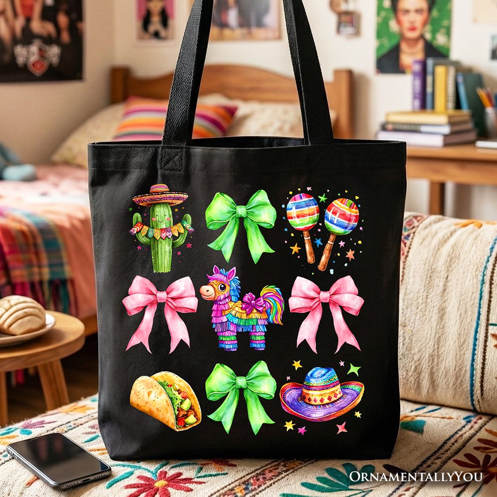 Cinco De Mayo Coquette Bow Tote Bag, Mexican Fiesta Maracas Gift Shopper Tote Bag OrnamentallyYou Black 